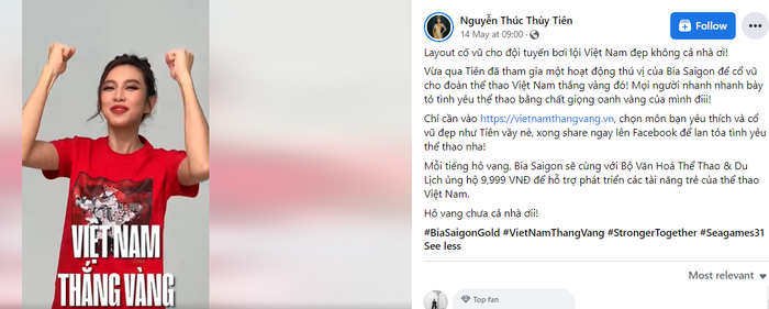 Hoa hậu Nguyễn Thúc Thuỳ Tiên cổ vũ đội tuyển Việt Nam “thắng vàng”