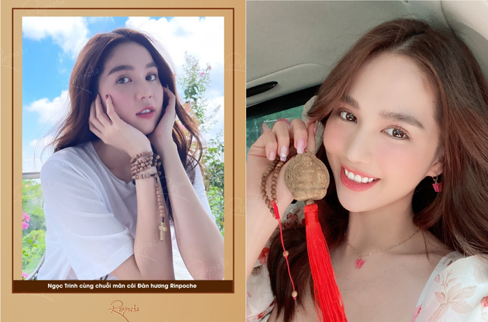 Không chỉ yêu thích vòng phong thuỷ đàn hương, trầm hương, Ngọc Trinh còn “tậu” cả Khánh Trầm hương để treo xe. Đây là những vật phẩm luôn gắn bó với mỹ nhân gốc Trà Vinh mọi lúc để đem đến sự may mắn và gửi gắm nhiều nguyện cầu ý nghĩa cho cuộc sống.