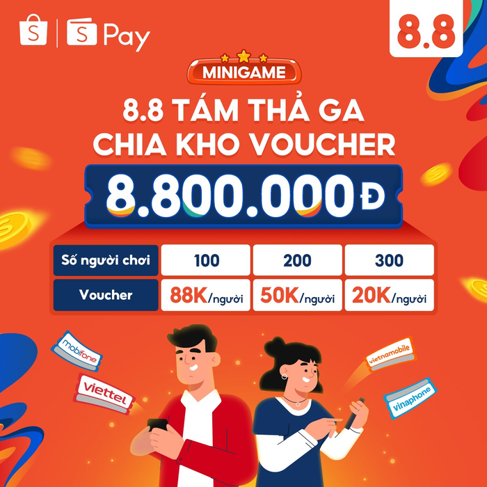Mini game “8.8 Tám thả ga” giúp người dùng có những trải nghiệm “xịn” hơn ở tính năng nạp điện thoại, mua data 3G/4G bằng ví ShopeePay trên ứng dụng Shopee