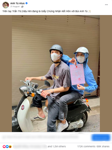 Bức ảnh thông báo đăng kí kết hôn gây sốt MXH với hơn 1 triệu lượt yêu thích, 172 ngàn lượt bình luận và hơn 68 ngàn lượt chia sẻ.