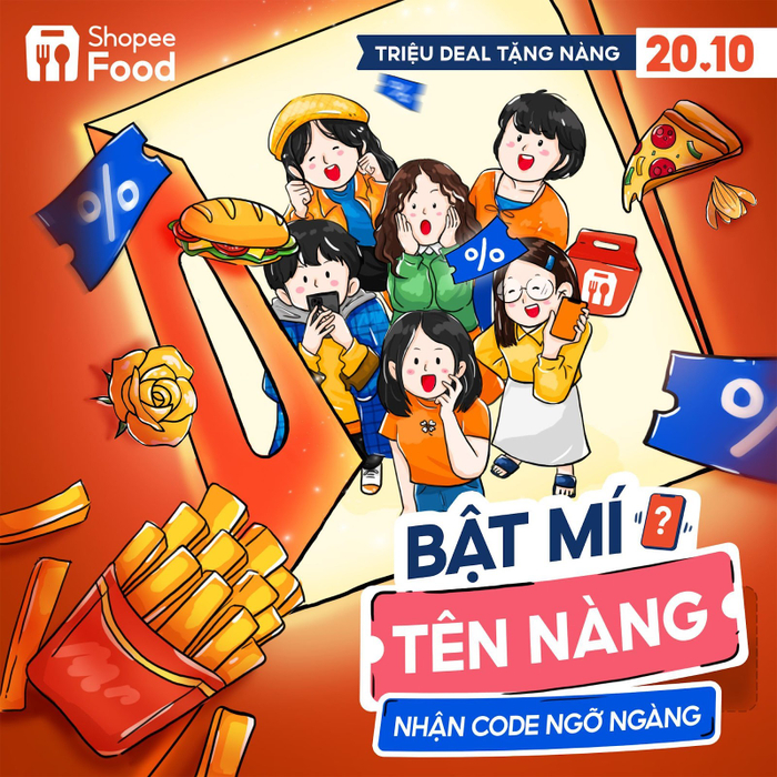 Bật mí tên nàng - Nhận code ngỡ ngàng là món quà 20.10 đặc biệt mà ShopeeFood dành tặng người dùng là phái đẹp.