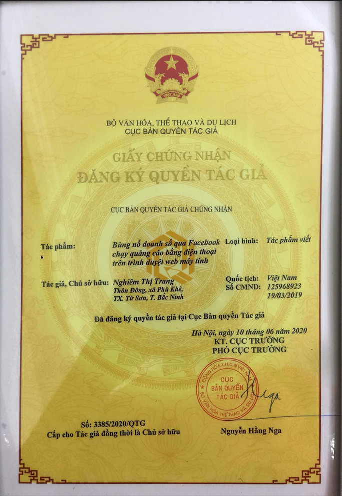 Cuốn sách “Bùng nổ doanh số qua Facebook” của Nghiêm Thị Trang đã được đăng ký quyền tác giả