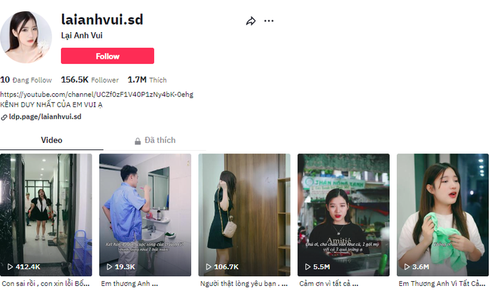 Kênh TikTok “triệu like” của Lại Anh Vui (Ảnh chụp ngày 27/10/2022)