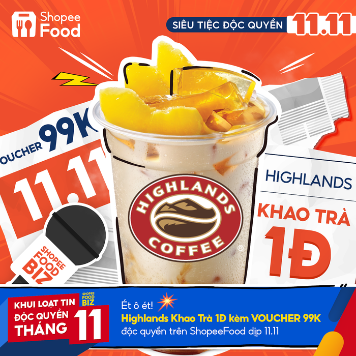 Điểm sáng trong ngày 8.11 còn đến từ chiếc voucher 99.000 đồng siêu giá trị mà bạn có thể chớp được khi order nước của Highlands Coffee từ ShopeeFood trên ứng dụng Shopee.