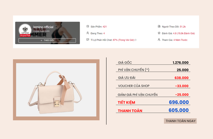 Các tín đồ thời trang chắc hẳn không thể bỏ qua cơ hội sở hữu túi xách Lemino chính hãng với chỉ 605.000 đồng - giảm đến hơn 50% so với giá gốc.