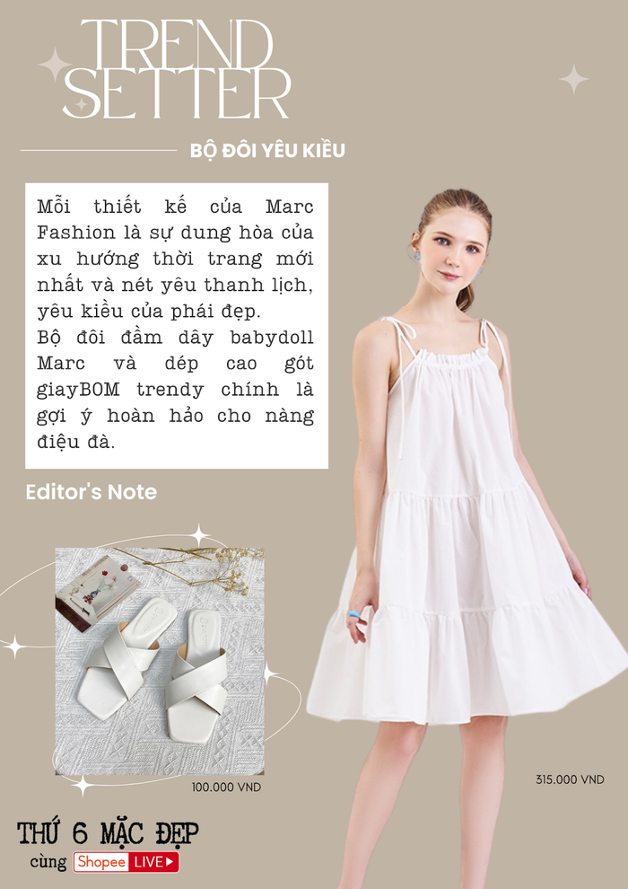 Đừng bỏ lỡ có hội sở hữu bộ đôi đầm dây cổ rút và dép quai chéo đơn giản, hiện đại nhưng “ăn tiền” với tổng giá trị chưa đến 500.000 đồng khi “chốt đơn” vào lúc 11 giờ trưa nay trên Shopee Live.