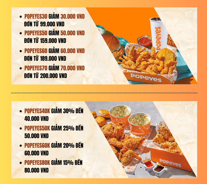 Truy cập ShopeeFood trên ứng dụng Shopee, chọn món với Popeyes và bạn sẽ khám phá ra hàng loạt voucher cực xịn đã nằm sẵn trong ví.