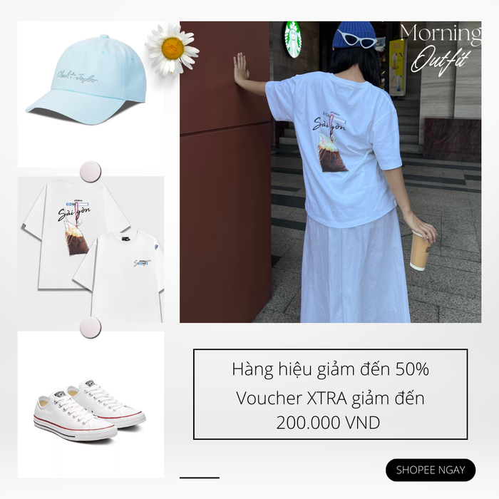 Công thức quen thuộc của nhiều bạn trẻ trong những buổi sáng cuối tuần cà phê hè phố gồm có: áo thun form rộng với họa tiết thật bắt mắt, mũ lưỡi trai cực cool và sneaker để thỏa sức pose hình.