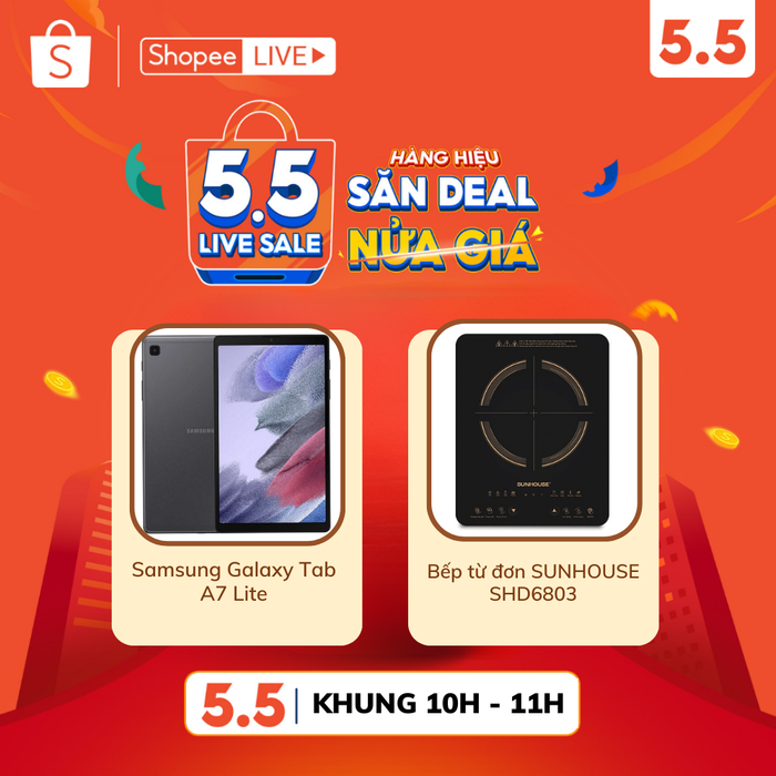 Khung 10H và 11H trưa nay (5.5) sẽ là cơ hội để người dùng Shopee sở hữu Máy tính bảng Samsung Samsung Galaxy Tab A7 Lite LTE và Bếp từ SUNHOUSE với mức giá ưu đãi siêu hời.